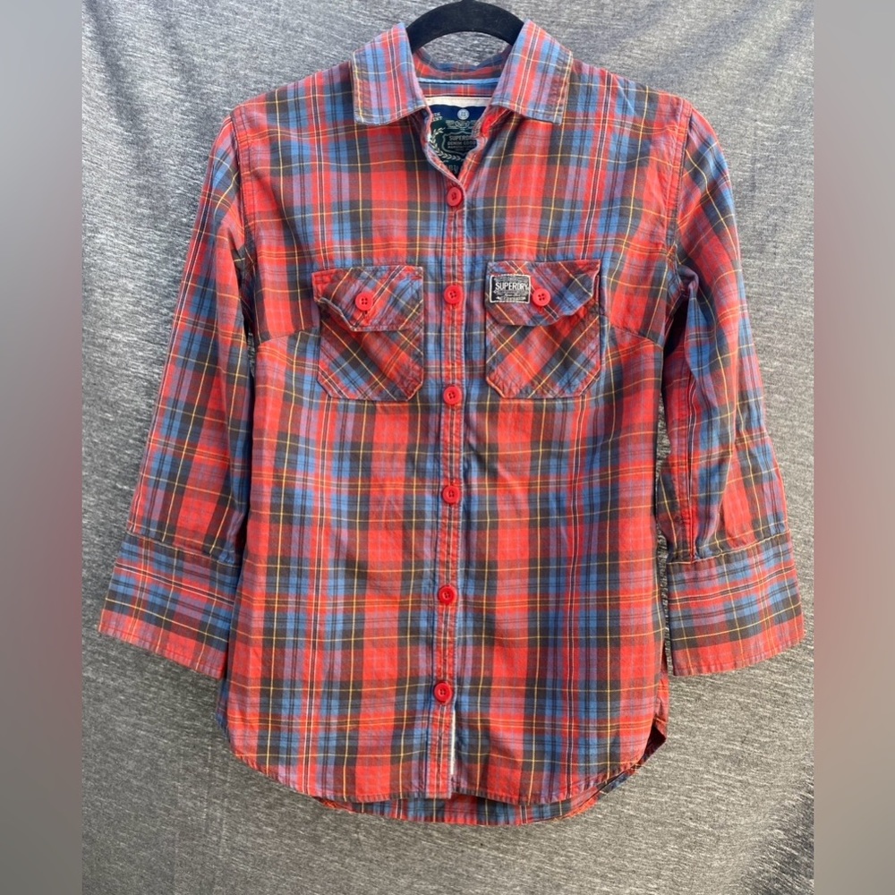 women's SUPERDRY CO. flannel button front plaid cotton shirt red Medium